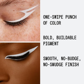 about-face Matte Fluid Eye Paint White Noise swatches reveal vibrant color across skin tones.