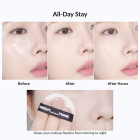 Open ABOUT TONE Blur Powder Pact shows mirror and pressed powder.