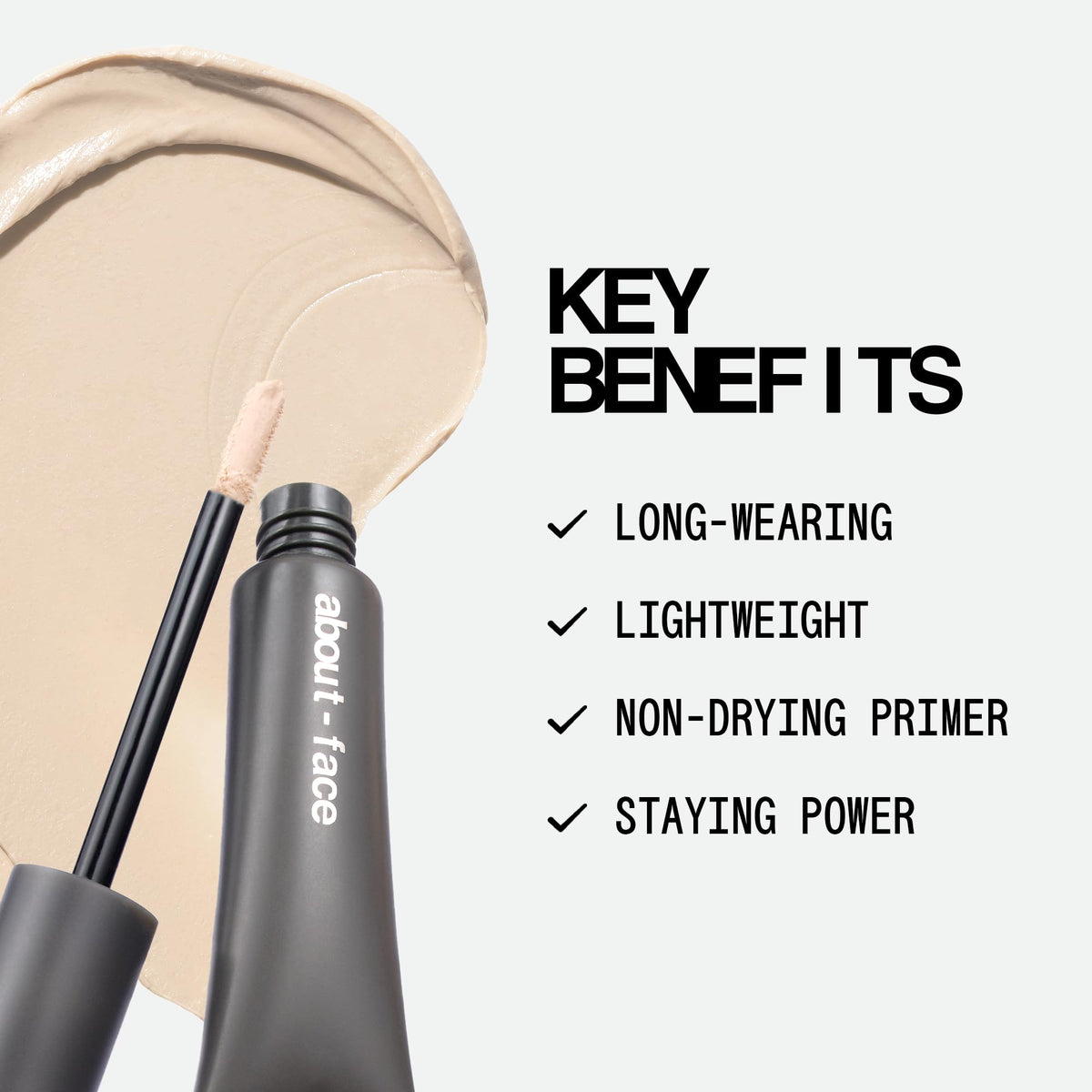 about-face Shadow Fix Eye Primer applicator enables easy, quick-drying lid prep.