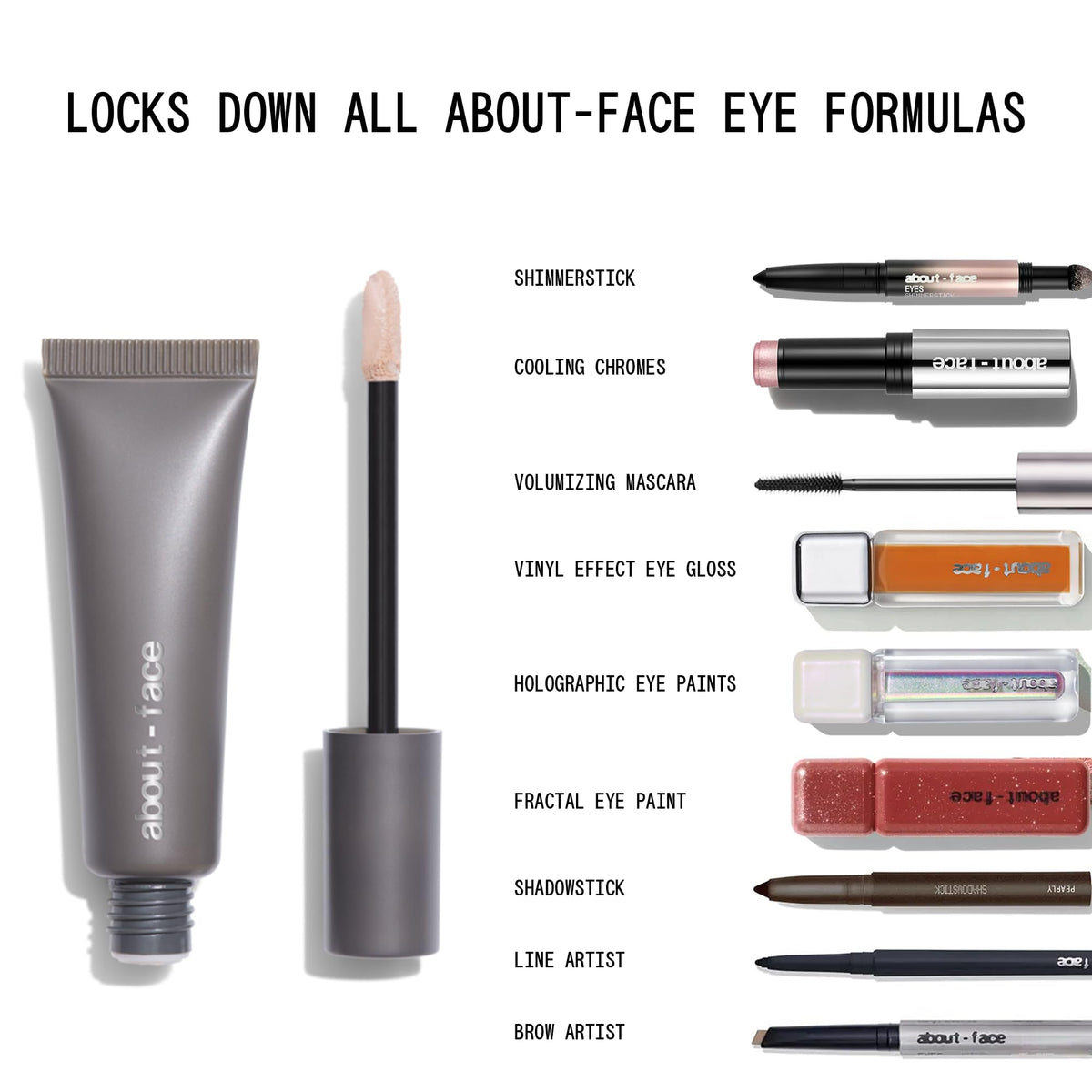 about-face Shadow Fix Eye Primer packaging shown for a clean, minimalist aesthetic.