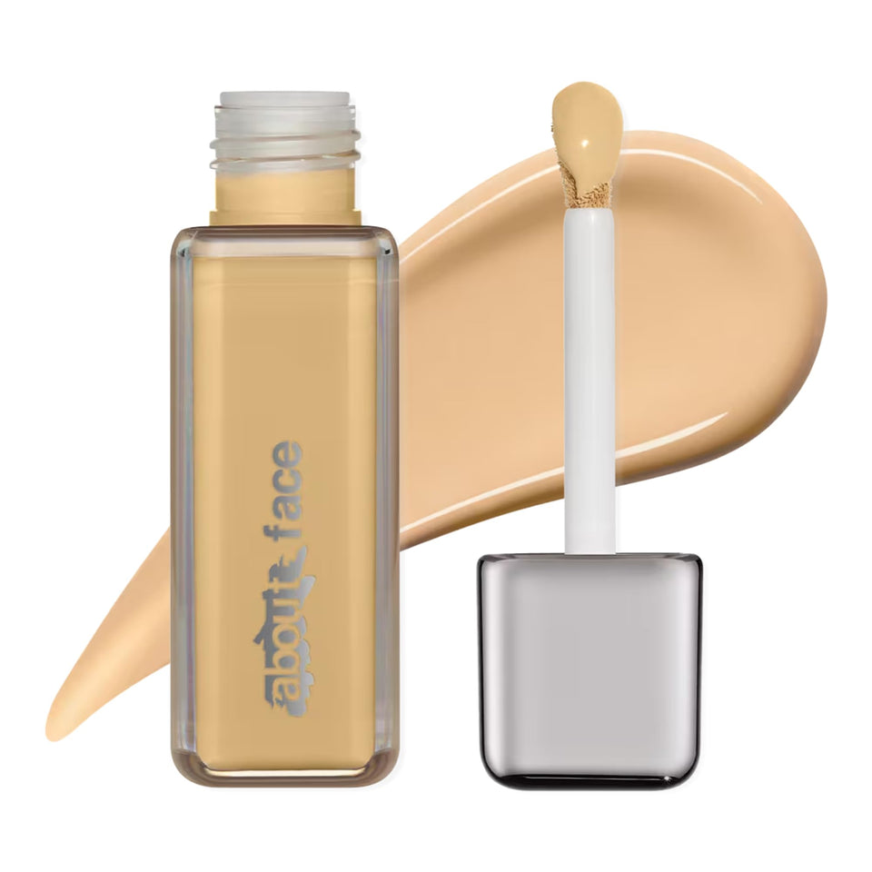 about-face THE PERFORMER olive bottle shows a hydrating, skin-friendly base texture.