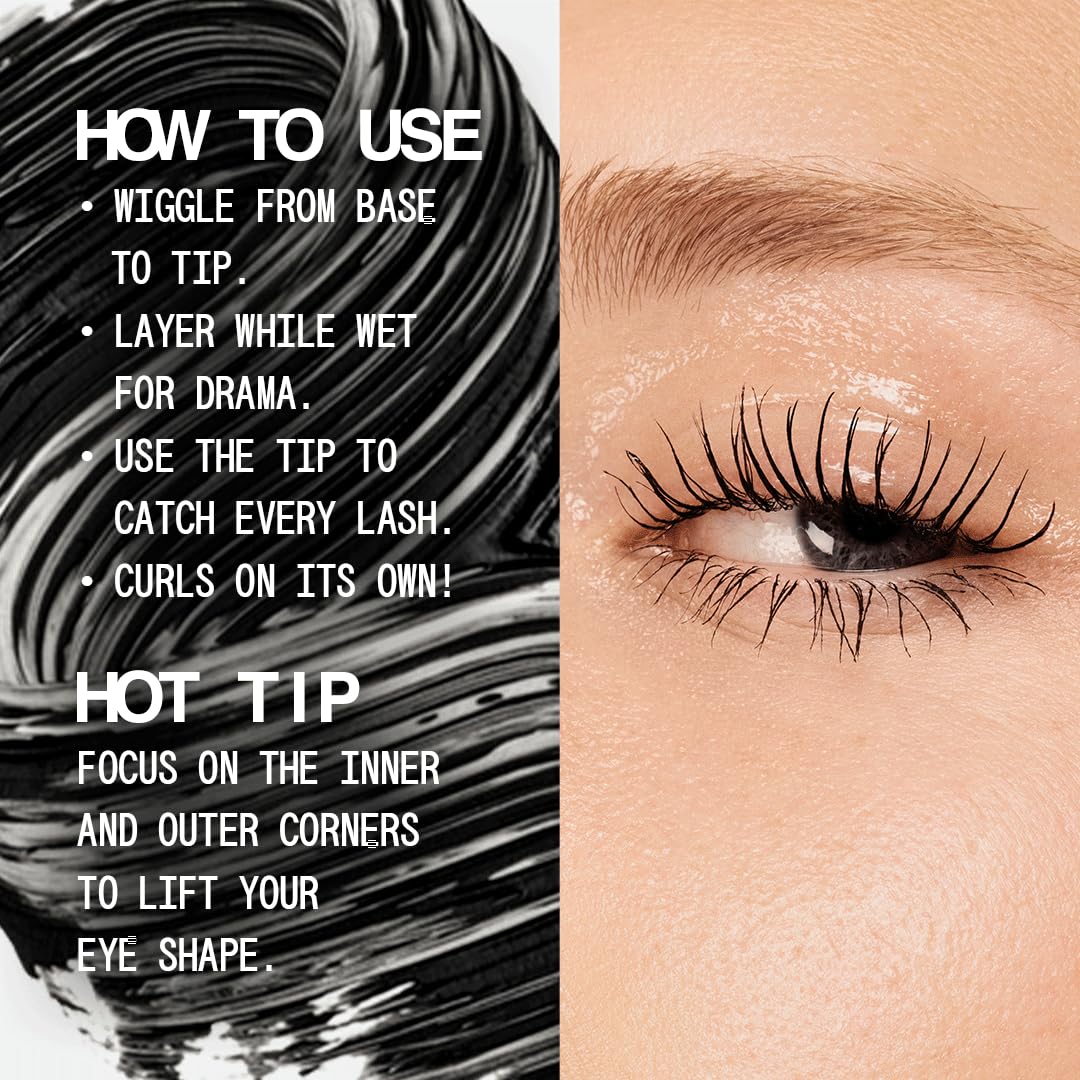 about-face Volumizing Mascara Jet Black lifting effect on curled lashes