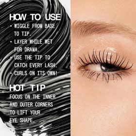 about-face Volumizing Mascara Jet Black lifting effect on curled lashes