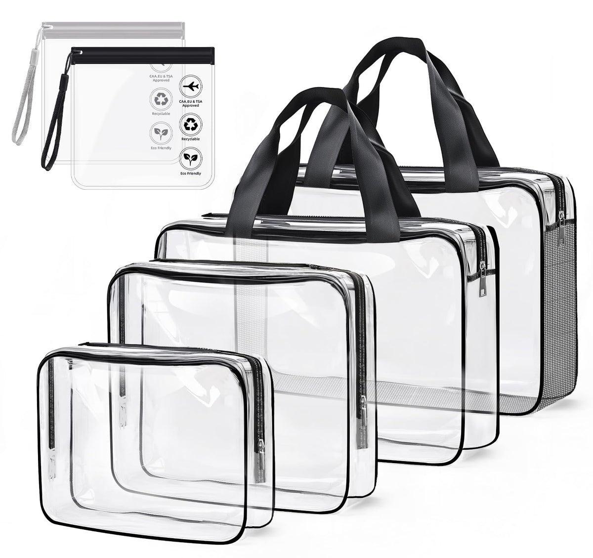 ABSOFINE clear toiletry bag front view showing large capacity for travel bottles