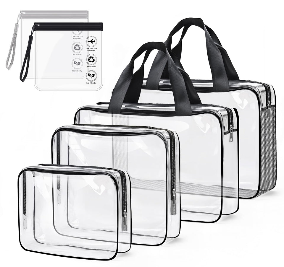 ABSOFINE clear toiletry bag front view showing large capacity for travel bottles