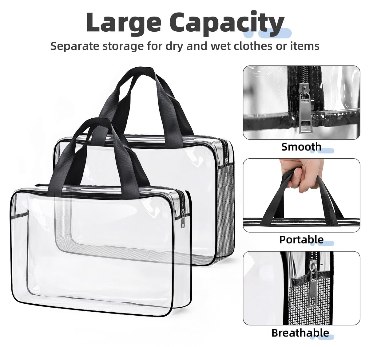 ABSOFINE clear toiletry bag interior neatly organized with bottles