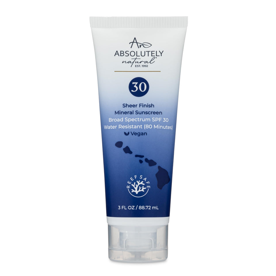 Absolutely Natural SPF 30 mineral sunscreen bottle protects skin with non-nano zinc oxide.