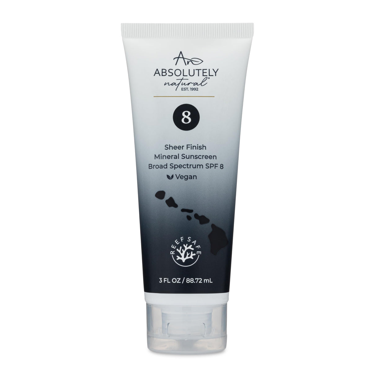 Absolutely Natural SPF8 mineral sunscreen bottle front showing lightweight protection