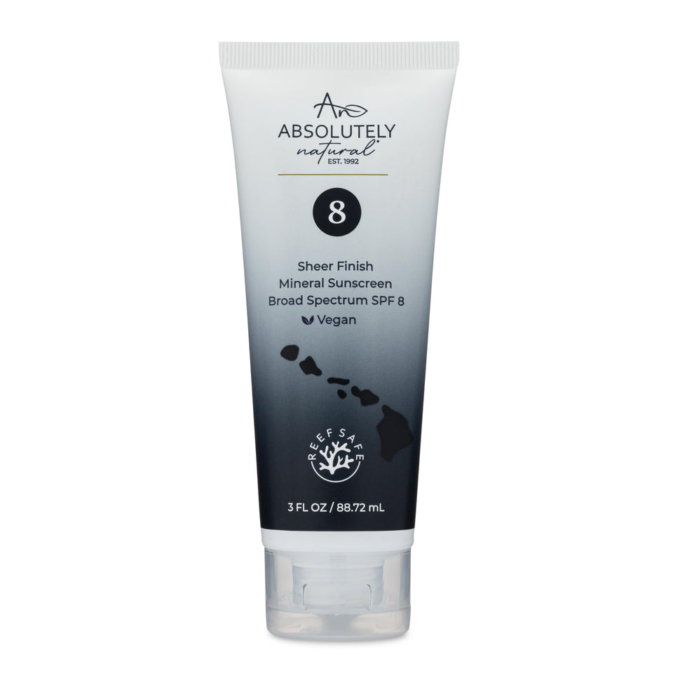 Absolutely Natural SPF8 mineral sunscreen bottle front showing lightweight protection