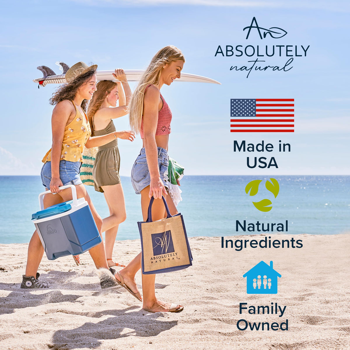 Absolutely Natural sunscreen pump dispenser image demonstrates convenient, mess-free application.