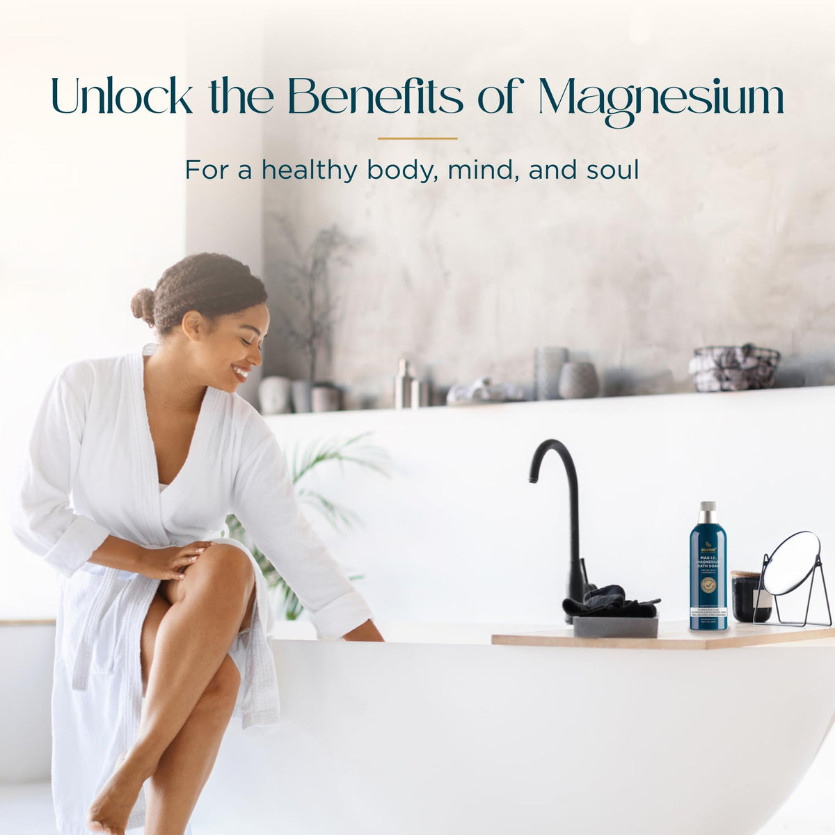 Spa-like setting featuring Abundant Natural Health magnesium bath soak for muscle relaxation