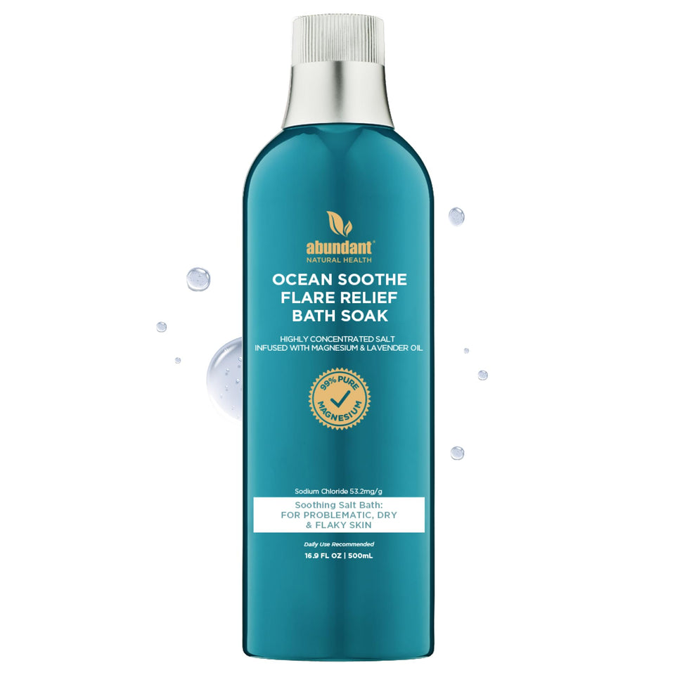Abundant Natural Health Ocean Soothe bath soak bottle pouring to hydrate dry skin