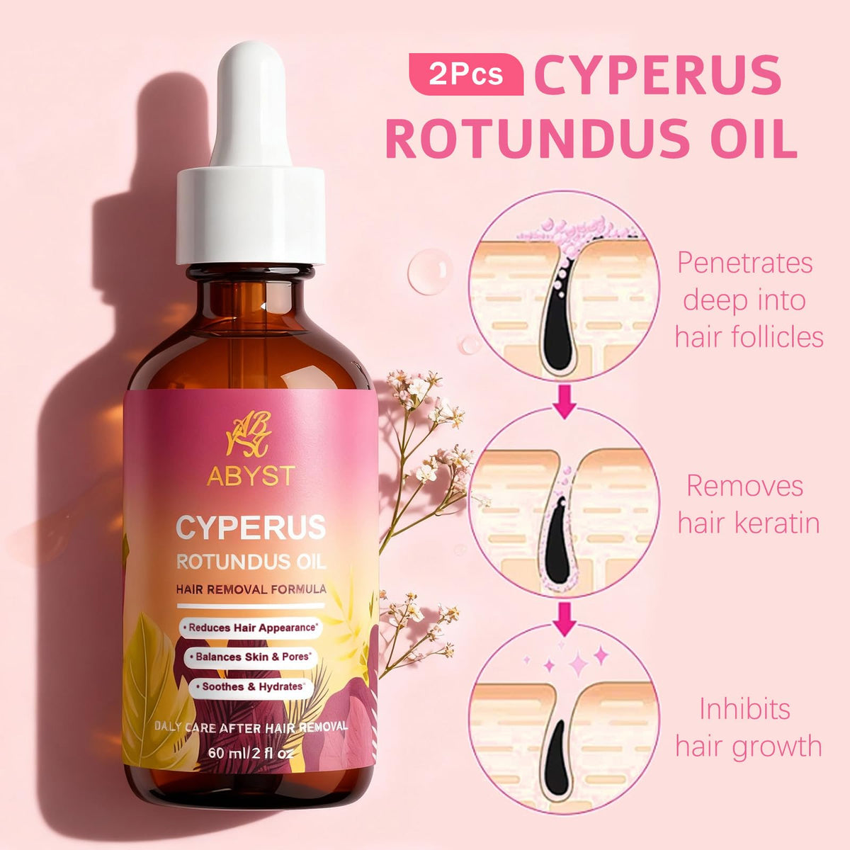 ABYST Cyperus Rotundus oil bottle showing 2oz size for slower regrowth potential.