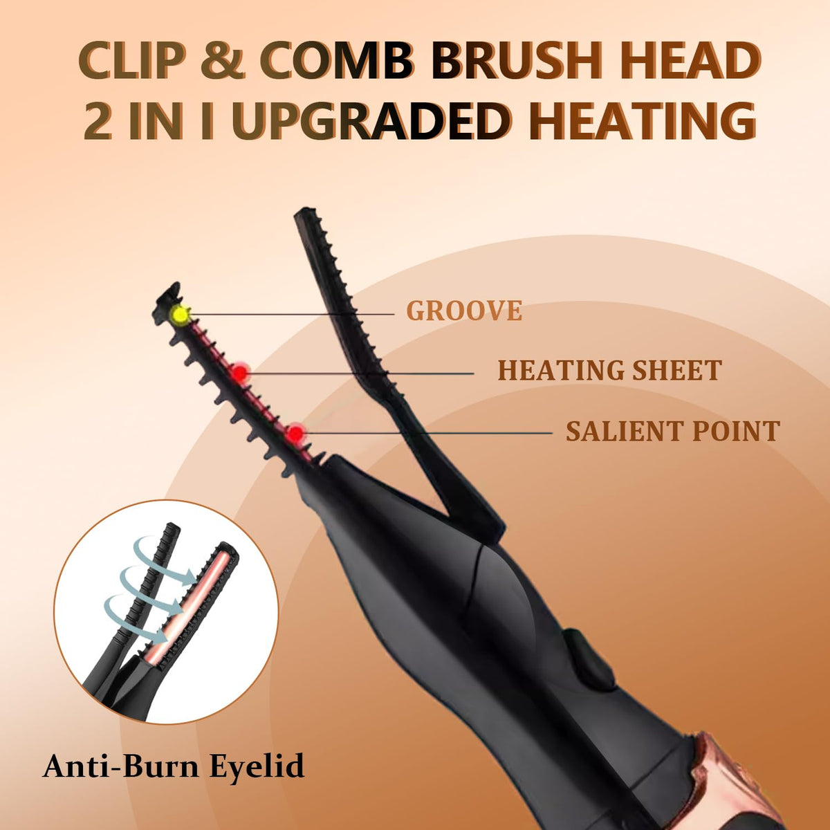 Anti-burn safety features protect the eye area during curling.