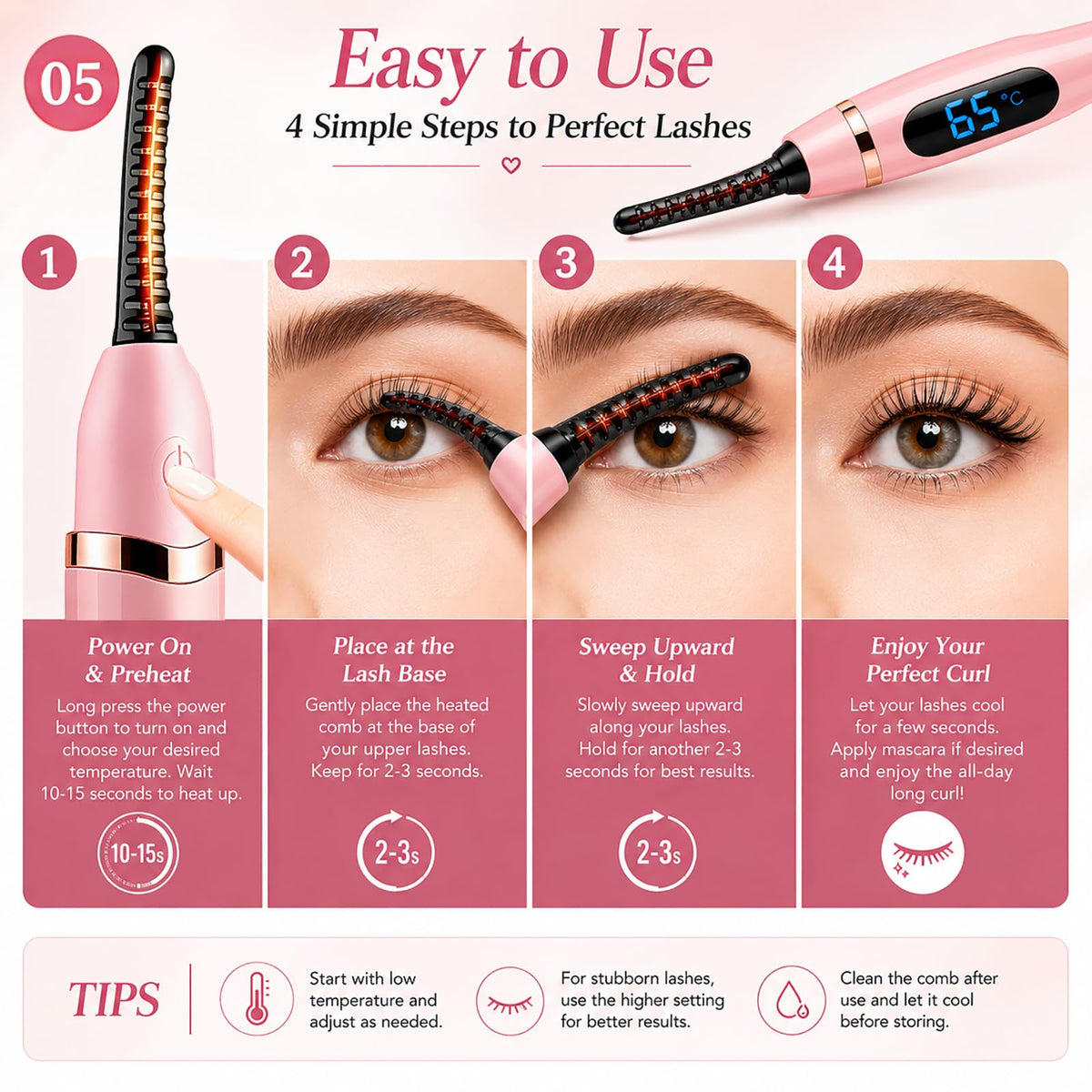 Acavado heated eyelash curler provides long-lasting curl with gentle heat.