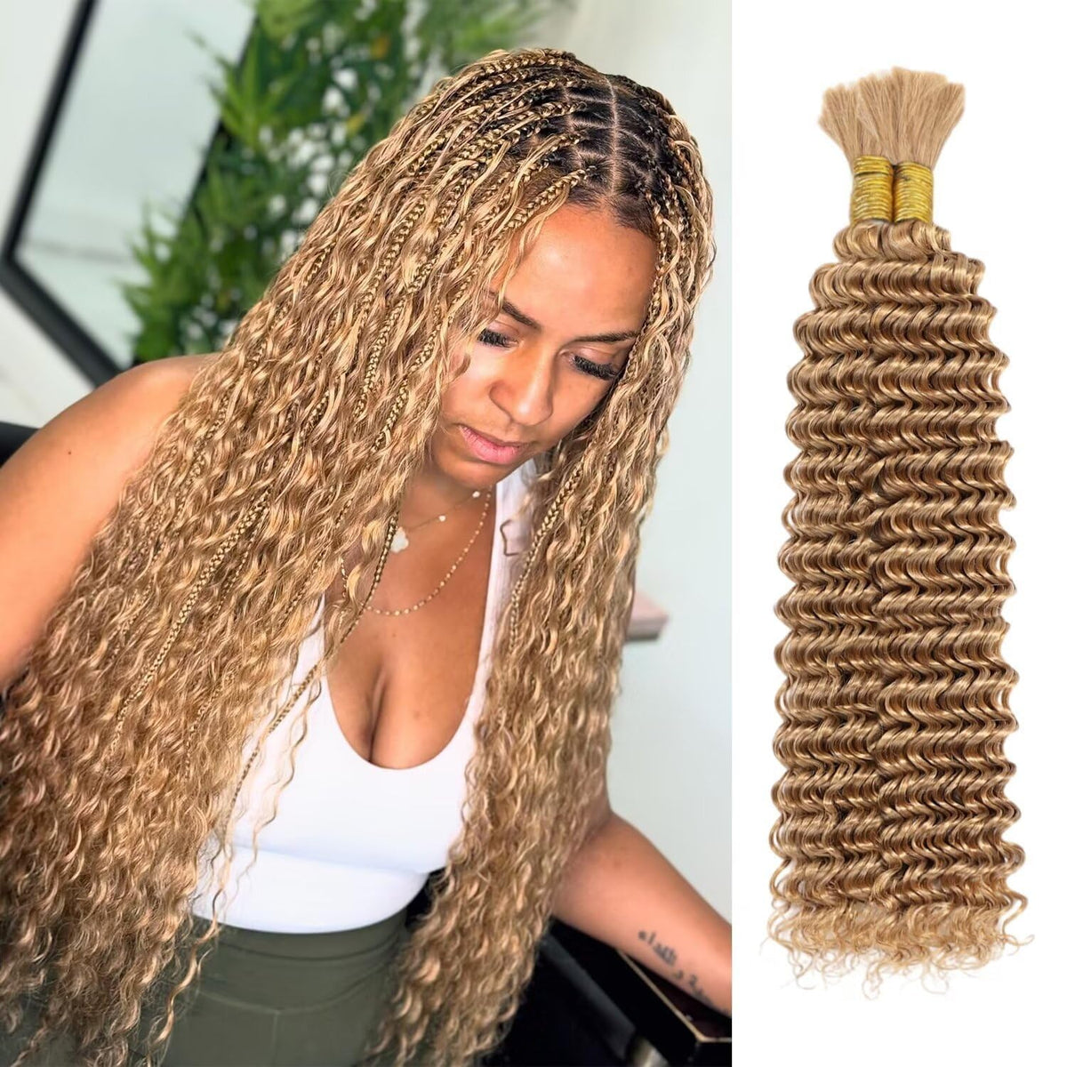 Acbhoa DeepWave bulk braiding hair 18in Honey Blonde front view for natural boho braids.