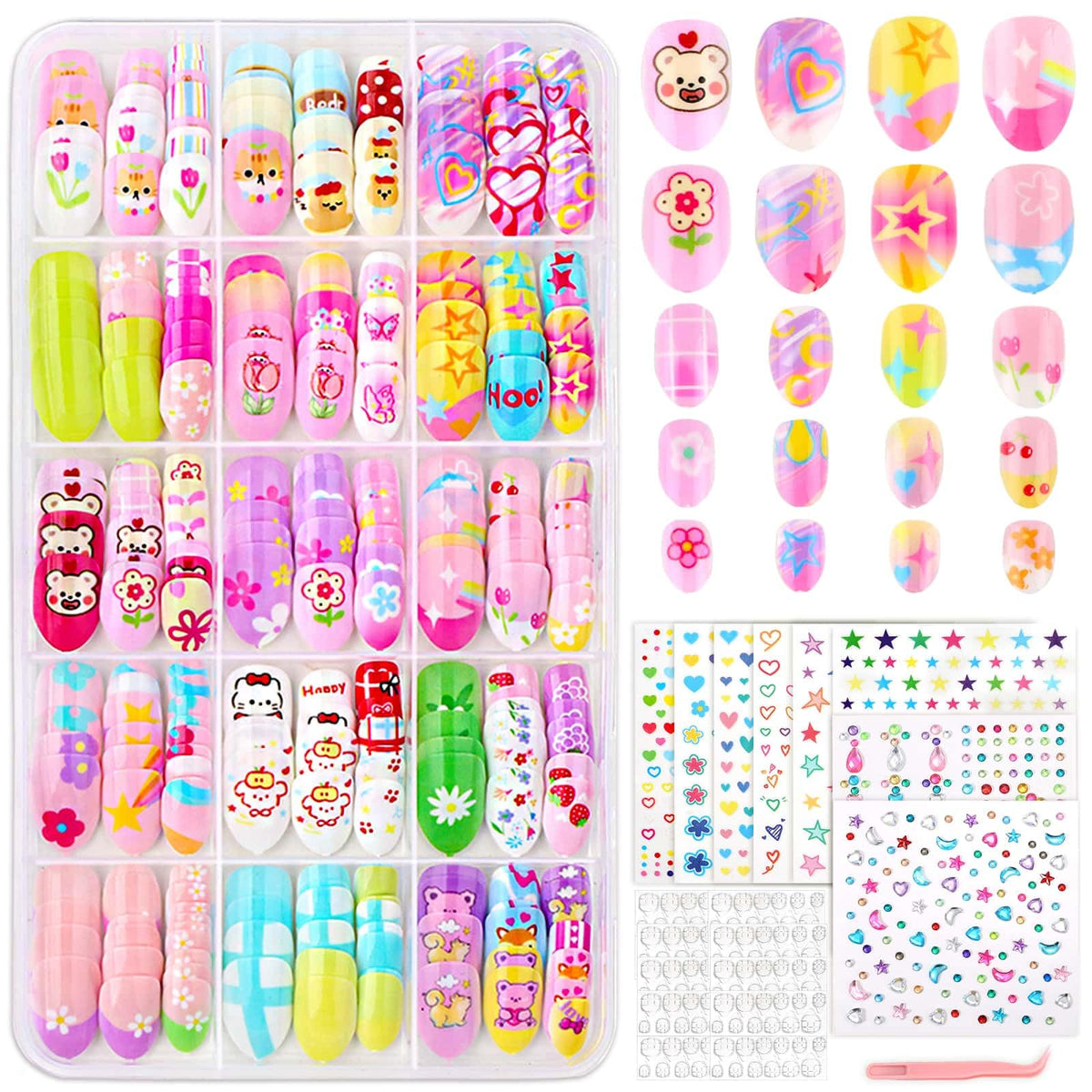 Acejoz kids press-on almond nails in playful styles for easy at home nail art