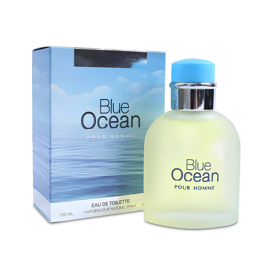 A CENTER Blue Ocean bottle close-up highlighting a fresh citrus–woody scent for daily wear.