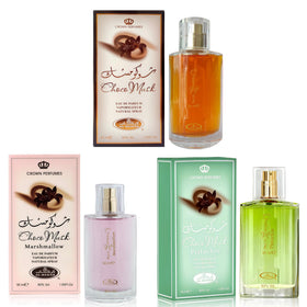 A CENTER Choco Musk bottle front view highlighting warm spicy notes and versatile wear for day or night