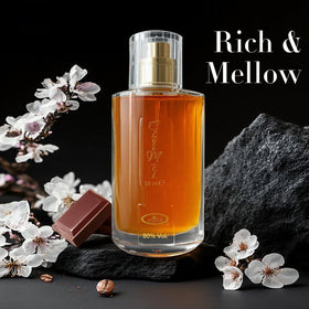 A CENTER Choco Musk bottle side profile with creamy vanilla heart suggestion for everyday elegance