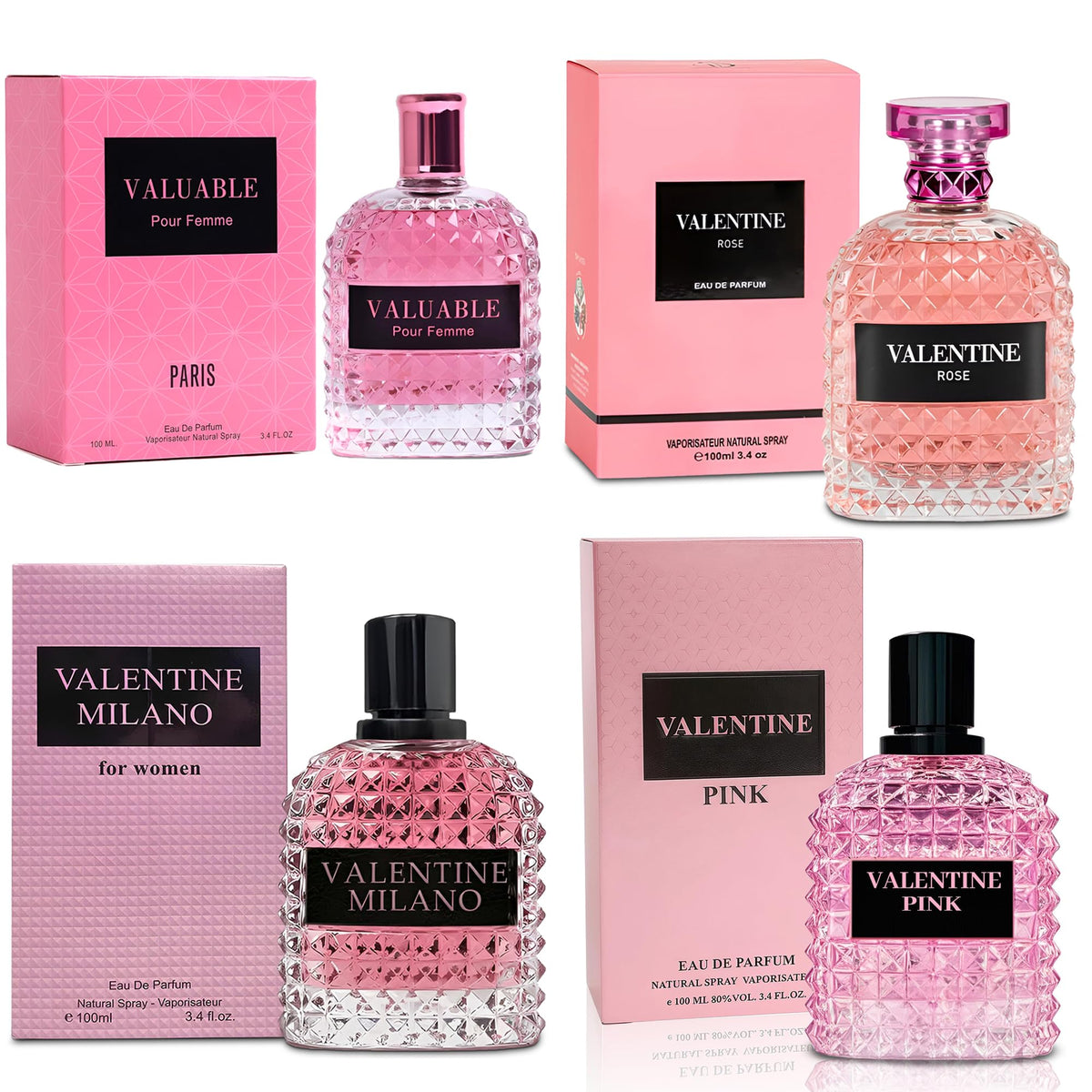 A Center four-piece perfume set on a vanity, versatile daily fragrance display