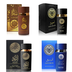 A Center Lion Black-Blue bottle on a vanity, long-lasting daytime scent.