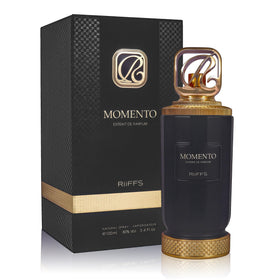 A CENTER Momento bottle front view highlighting warm amber scent for day and night