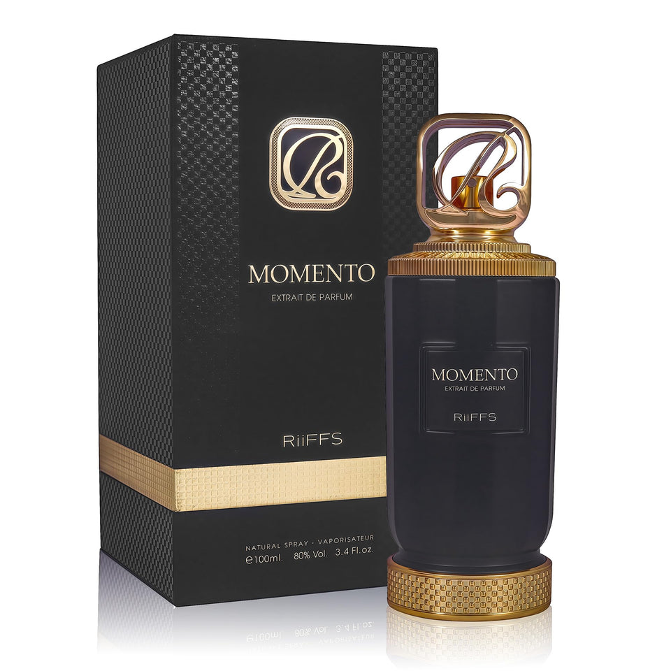 A CENTER Momento bottle front view highlighting warm amber scent for day and night