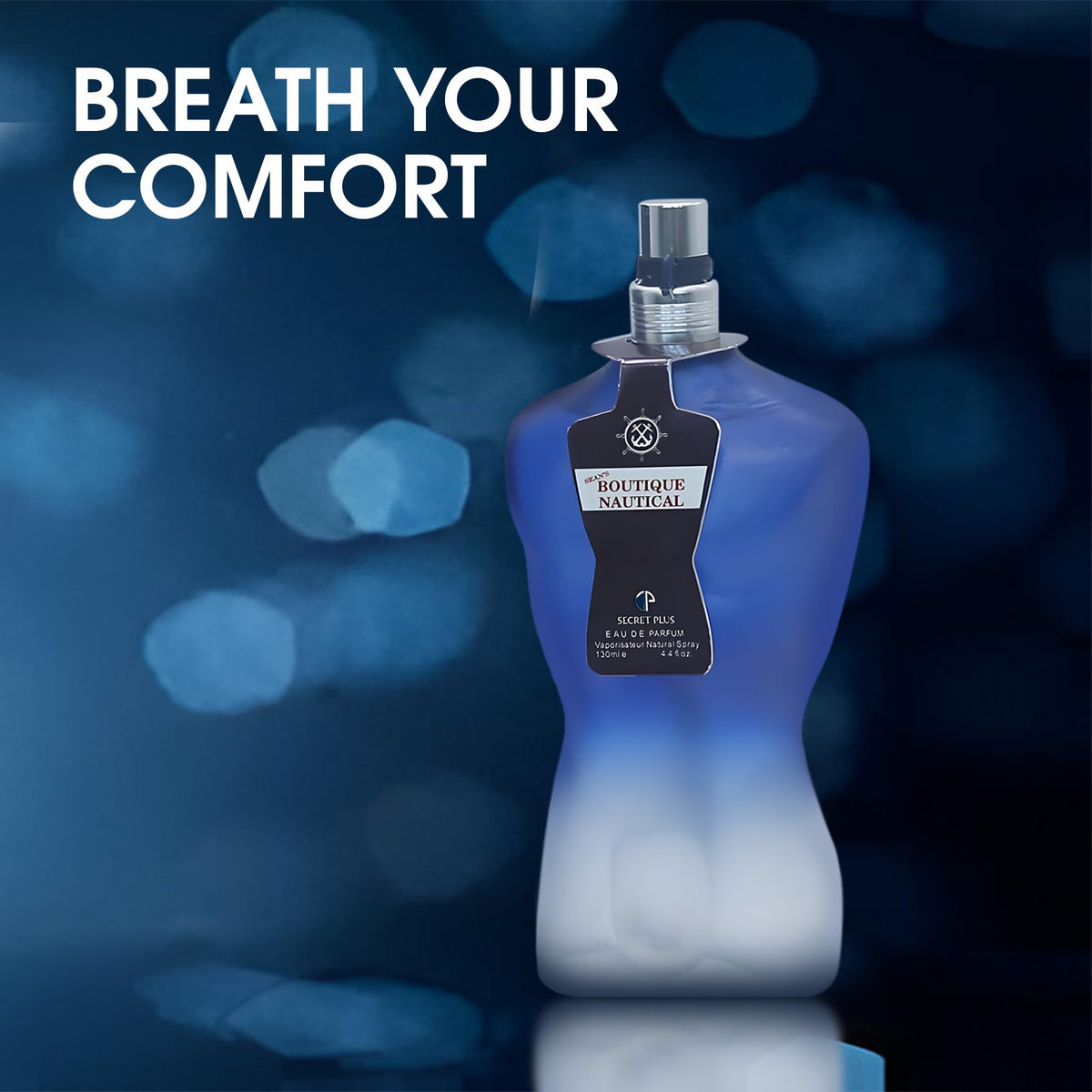 A Center Three-bottles trio display emphasizes versatile scent stages for day to night.