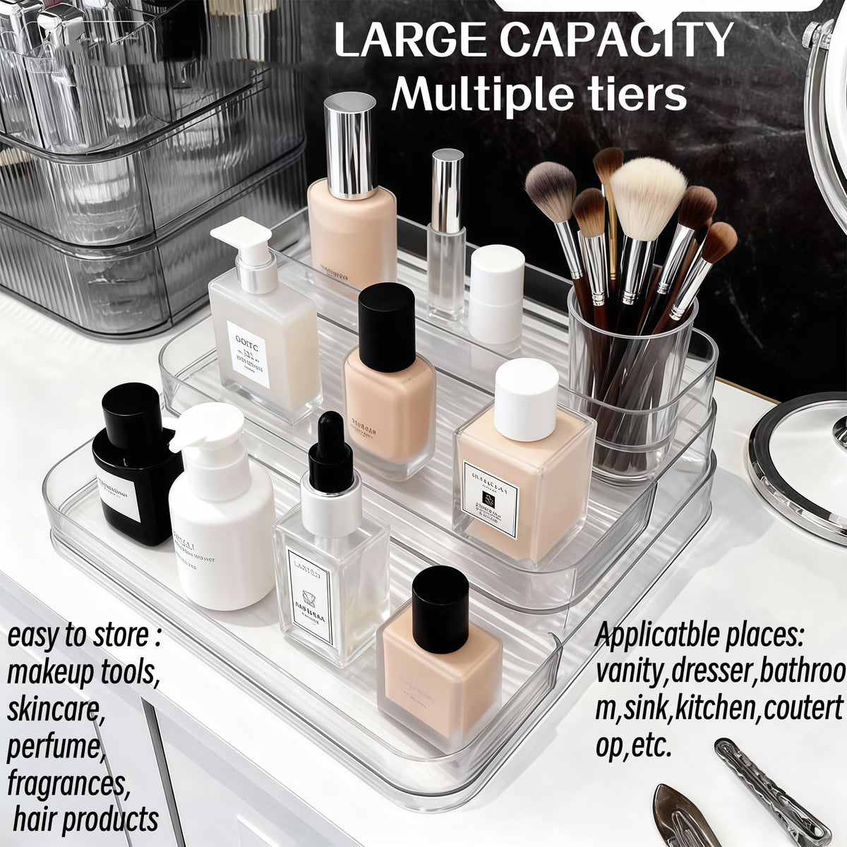 A Center three-tier bathroom organizer anti-spill ledge prevents spills and keeps items in place.