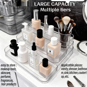 A Center three-tier bathroom organizer anti-spill ledge prevents spills and keeps items in place.