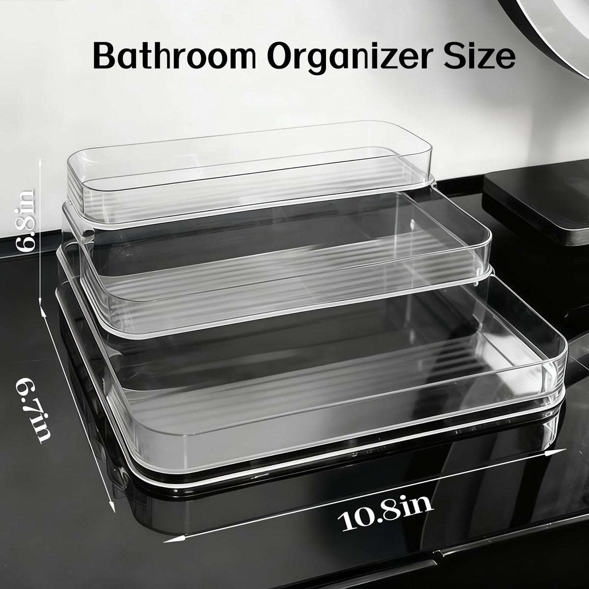 A Center three-tier bathroom organizer clear acrylic finish offers a modern look for any vanity.
