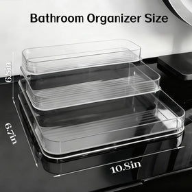 A Center three-tier bathroom organizer clear acrylic finish offers a modern look for any vanity.