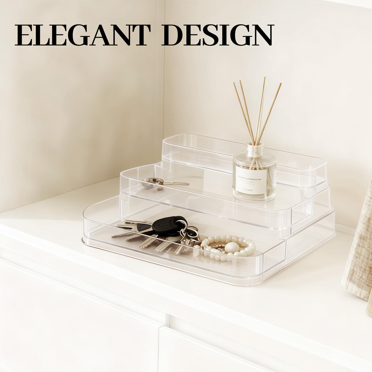 A Center three-tier bathroom organizer cosmetics and perfume display for easy access.