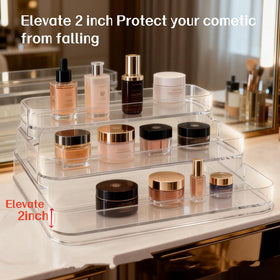 A Center three-tier bathroom organizer deep shelves keep items secure and organized.