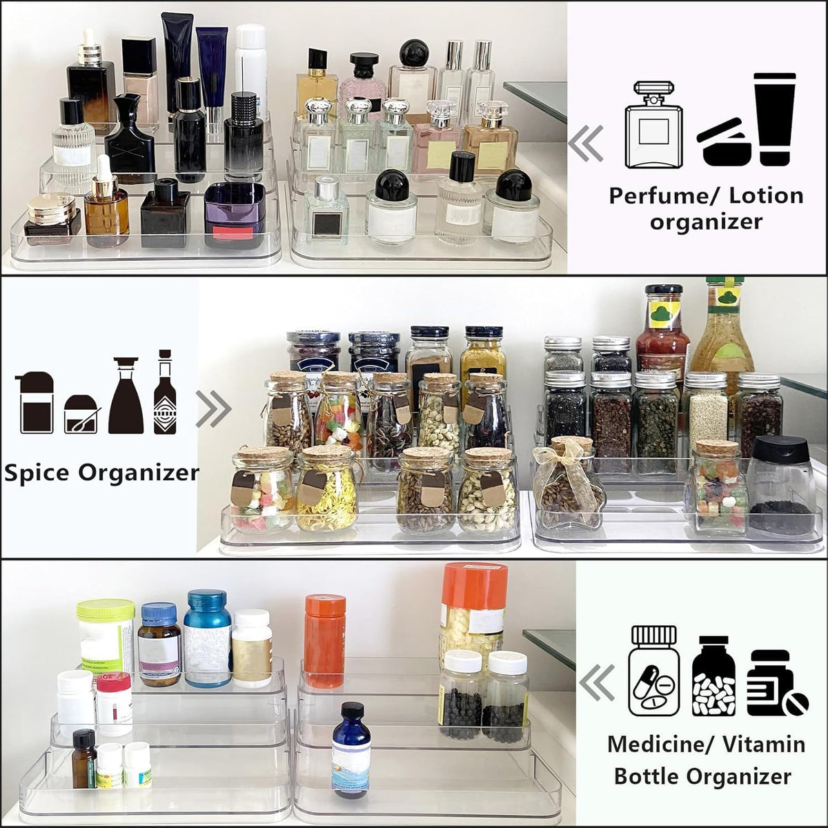 A Center three-tier bathroom organizer desk-display setup ideal for vanity arrangements.