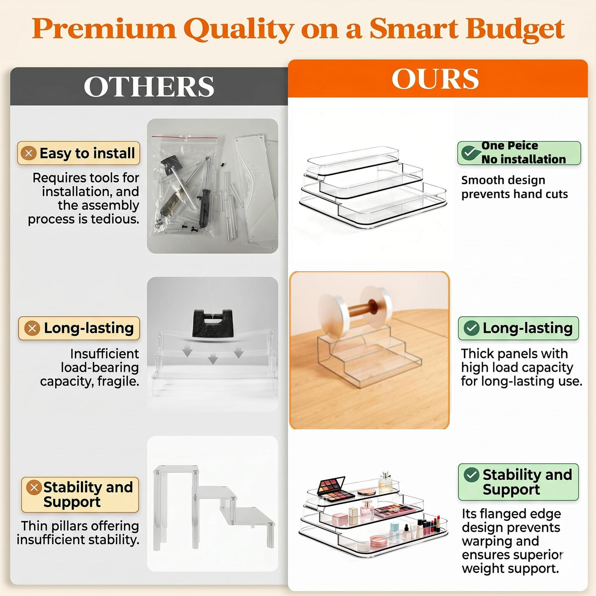 A Center three-tier bathroom organizer side view highlights compact vertical space saving.