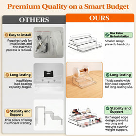 A Center three-tier bathroom organizer side view highlights compact vertical space saving.