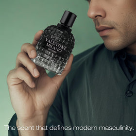 A CENTER Valentine Milano bottle side angle, sleek profile for confident style