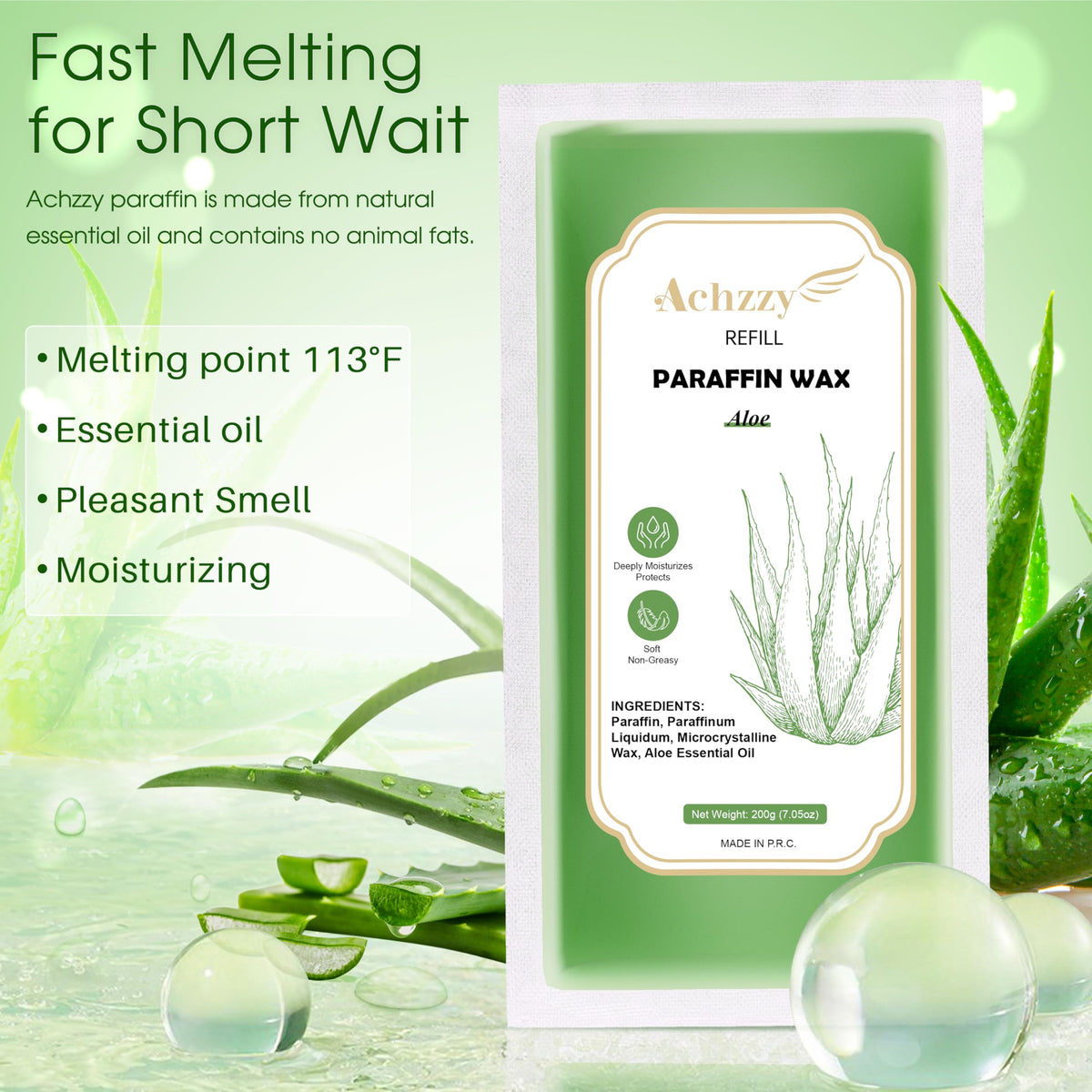 Achzzy aloe wax refill showing fast-melting point for quicker pampering