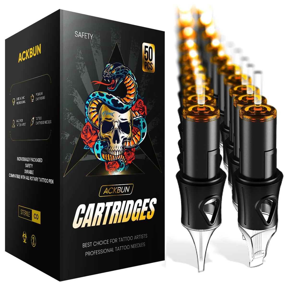 Ackbun 50 assorted tattoo needles set shown, versatile for precise line work.