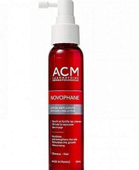 ACM Novophane bottle close-up highlighting biotin-rich formula for hair renewal support.