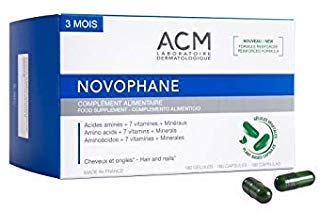 ACM Novophane 180 capsules bottle promoting hair and nails strength and resilience.