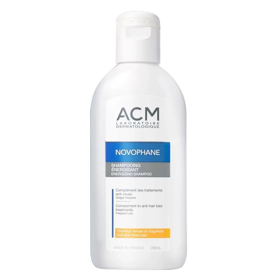 ACM Novophane Energizing Shampoo bottle front highlighting premium packaging for daily use.