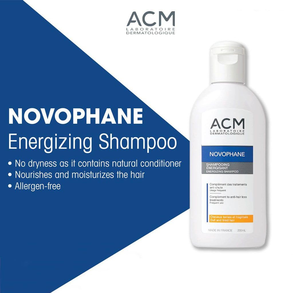 ACM Novophane Energizing Shampoo bottle pour captures easy application and mess-free flow.