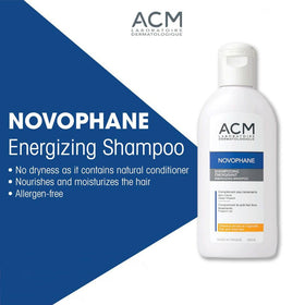 ACM Novophane Energizing Shampoo bottle pour captures easy application and mess-free flow.