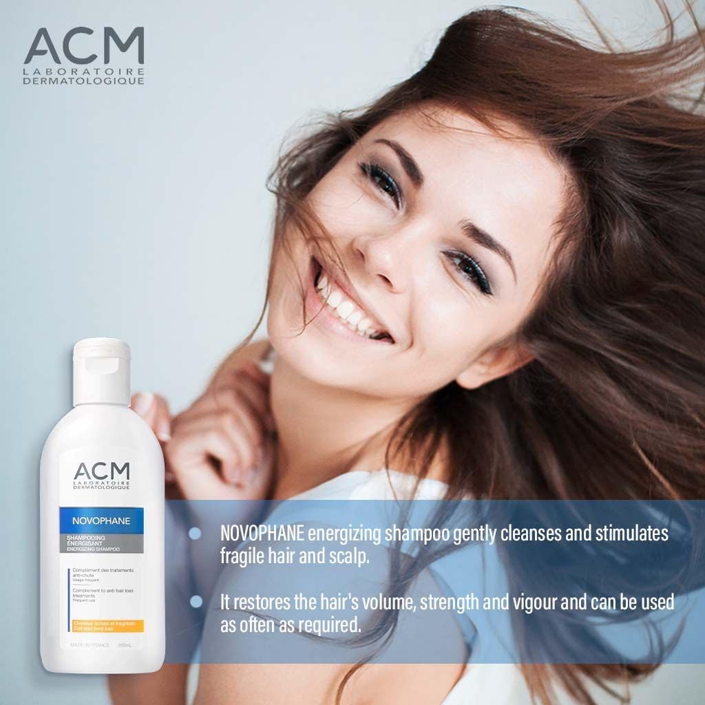 ACM Novophane Energizing Shampoo hair close-up shows vitality and shine.