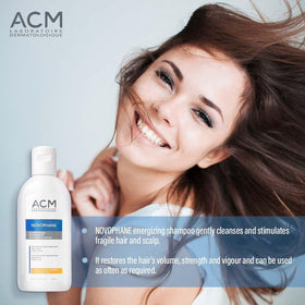 ACM Novophane Energizing Shampoo hair close-up shows vitality and shine.