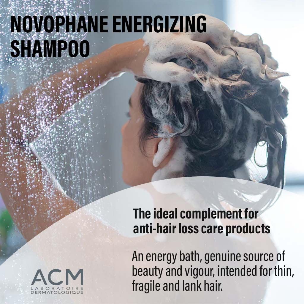 ACM Novophane Energizing Shampoo label details and key actives.