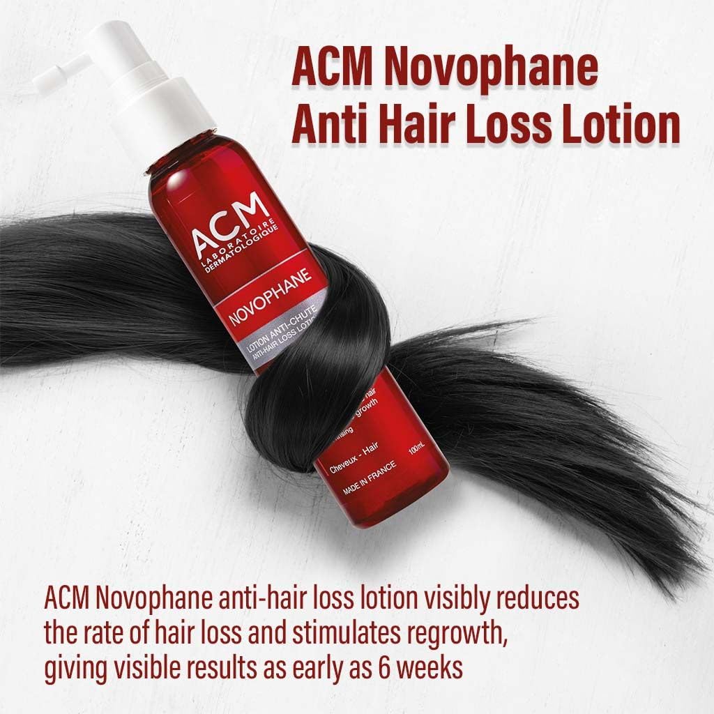 ACM Novophane lotion application routine promotes targeted scalp care with simple steps.